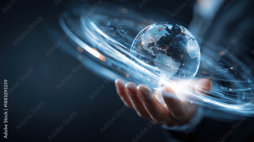 Fototapeta premium A futuristic vision of the world in the palm of a hand, highlighting the concept of global connectivity and the digital age. ..Created with Generative AI, not depicting real subjects.