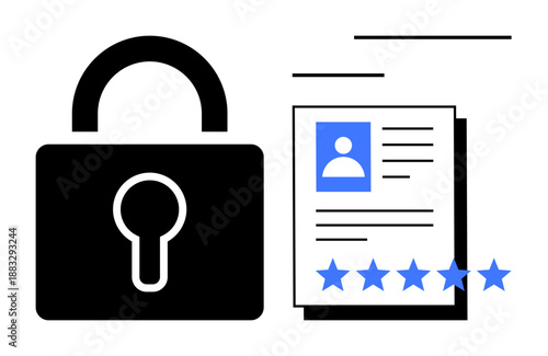 Lock icon alongside user profile document with stars, showcasing data security, user privacy, and identity verification. Ideal for cybersecurity, trust, ratings, online authentication, reputation