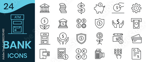  Bank icon set. Out line icon of Featuring Money, Credit Cards, Loans, Investments, Shields, and Online Banking  Safes, Dollar Signs, Piggy Banks, Element. Vector illustration.
