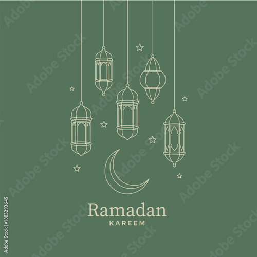Ramadan Kareem lanterns and crescent moon on green background