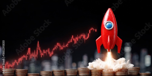 A symbolic image depicts a red rocket blasting off, soaring upward past a rising financial chart. ..Created with Generative AI, not depicting real subjects.