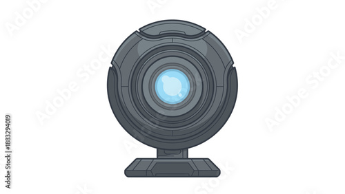 Futuristic surveillance device with glowing blue center, isolated on white background.