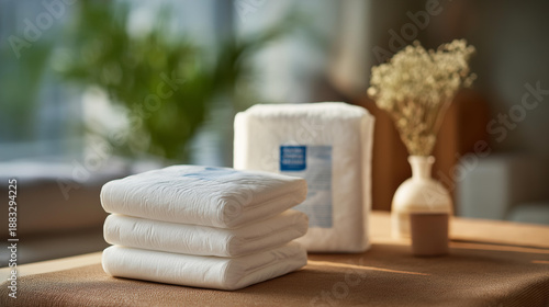 An informative brochure about adult diapers displayed next to a sample product, detailing key benefits like odor control and comfort, creating a clear understanding of why choosing the right adult