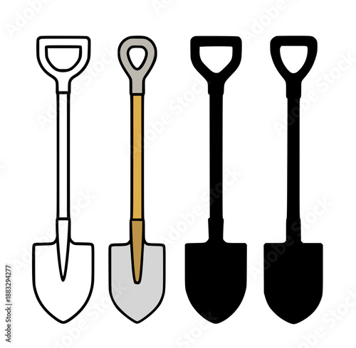 Shovel illustration in outline, silhouette, and color versions