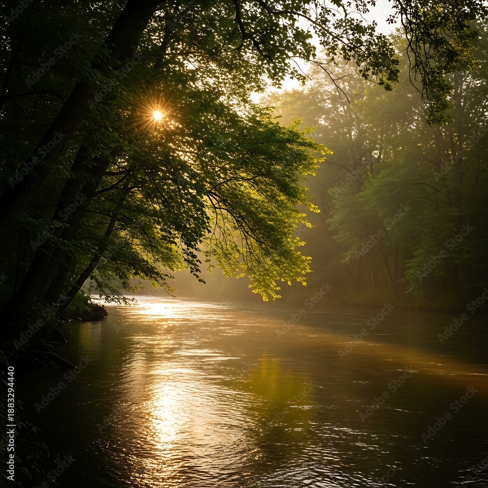 Obraz premium Morning sun rays pierce through forest trees illuminating a flowing river.