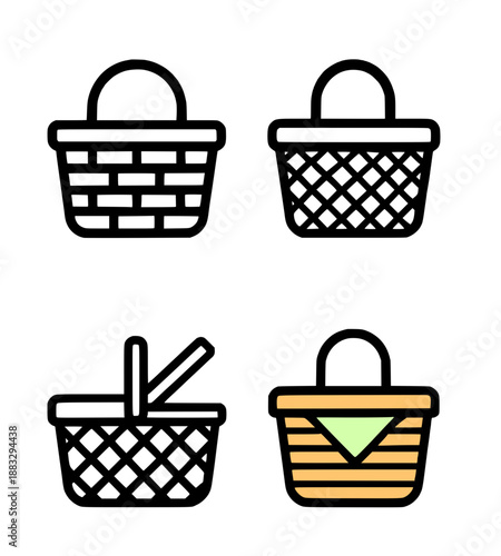 Picnic basket illustration in outline, silhouette, and color versions