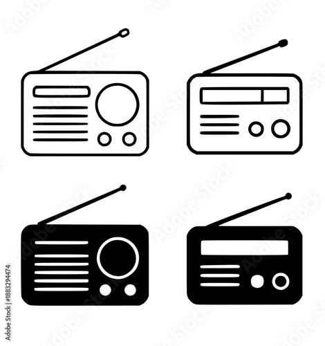 4 radio illustrations, black, transparent background