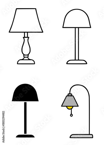 Table lamp illustration in outline, silhouette, and color versions