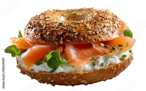 Delicious freshly baked bagel featuring creamy cheese spread and smoked salmon for a classic morning meal isolated on transparent background PNG