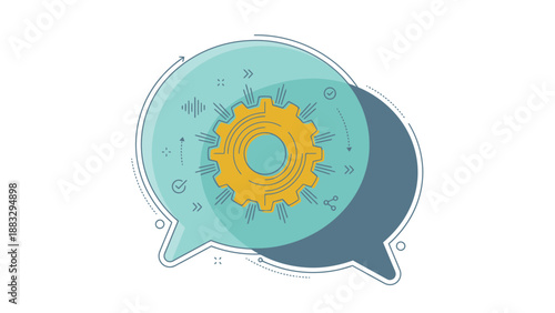 Gear inside speech bubble represents communication and technology concepts.