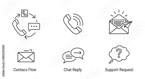 Customer Service Icons: Call, Chat, Email, Support Request, Contacts Flow