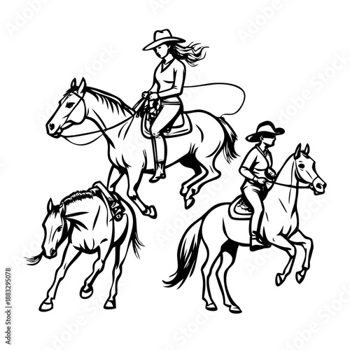 Hand Drawn Vintage Cowgirl Lassoing While Riding a Horse Western Rodeo Graphic