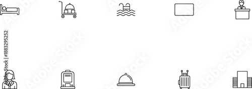 A collection of simple line icons representing various hotel and hospitality services