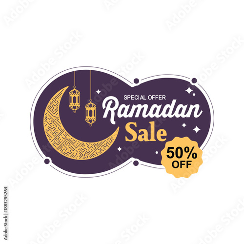 Ramadan sale special offer label with crescent moon and lanterns
