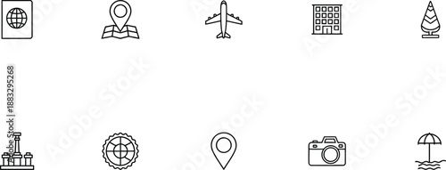 A collection of travel and photography icons on a white background