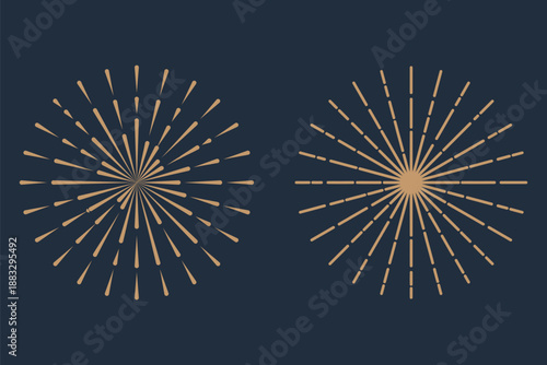 Boho sunburst in different shapes. Explosion, firework, sparks, shine, twinkle, sun rays. Trendy bursting rays design elements. Vector illustration.