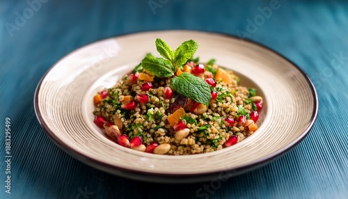 tasty freekeh salad featuring green durum wheat pomegranate nuts mint and carrots a low carb vegan dish