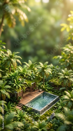 Vertical Miniature Jungle Villa Pool Background with Copy Space for Luxury Travel Ads