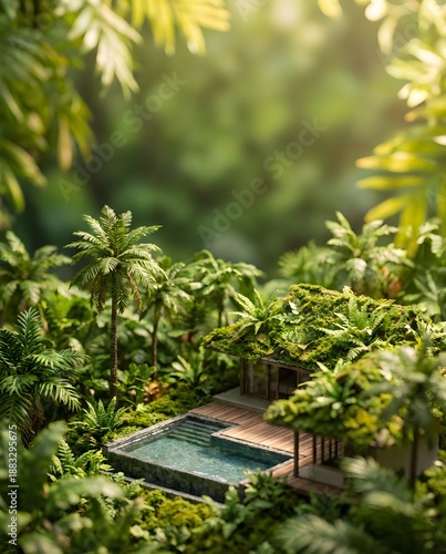 Vertical Miniature Jungle Villa Pool Background with Copy Space for Luxury Travel Ads