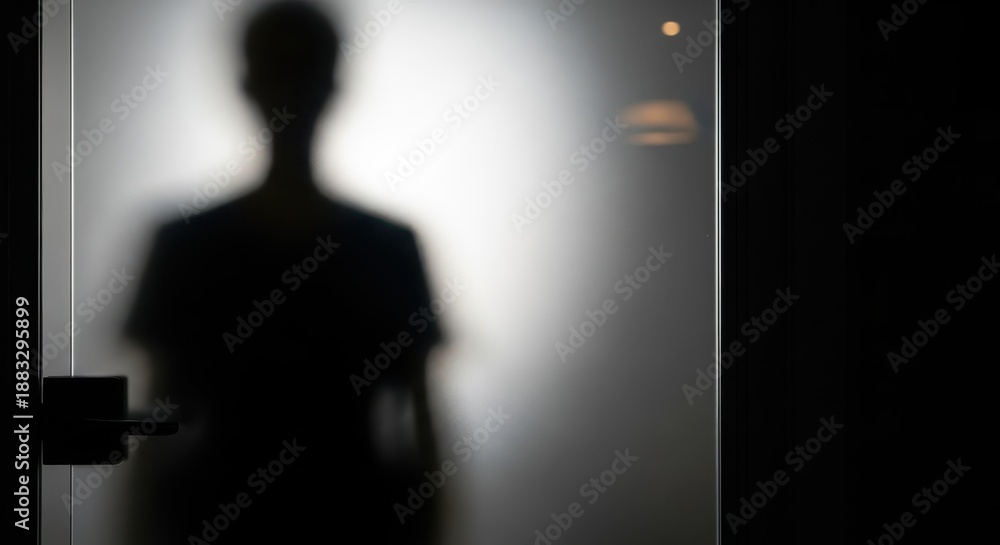 Fototapeta premium Obscured human silhouette visible through frosted glass door in dark interior