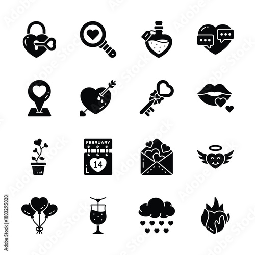 Grab this amazing glyph set of love and romance in trendy style