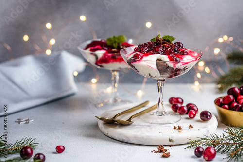 Bilde på lerret Layered trifle dessert with chocolate Brownie with Ricotta Cream and Cranberry S