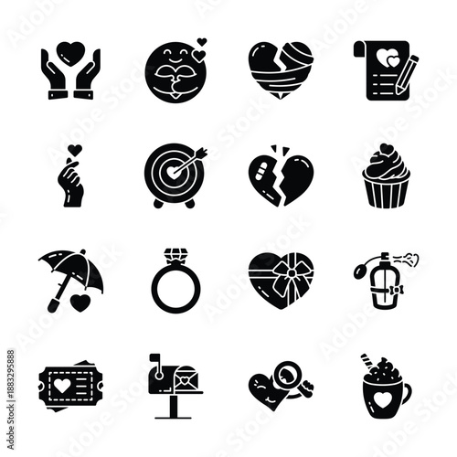 Creatively crafted trendy valentines day, love and romance glyph icons set