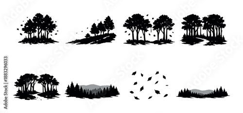 Silhouette forest landscape with trees and falling leaves at twilight