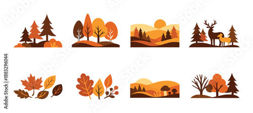 Autumn landscapes and forest scenes with trees and deer in warm tones