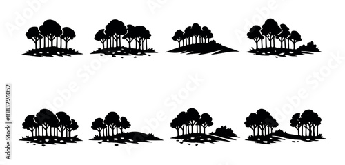 Minimalist black and gray silhouette of trees in a foggy landscape