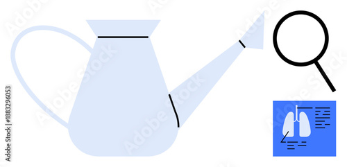 Watering can pouring symbolizes nurturing, magnifying glass represents focus, lung diagram suggests health awareness. Ideal for health, environment, analysis, care, research, growth exploration