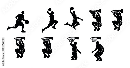 Silhouettes of male basketball players dunking against a dark background