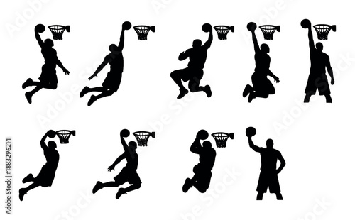 Silhouettes of male basketball players dunking and shooting
