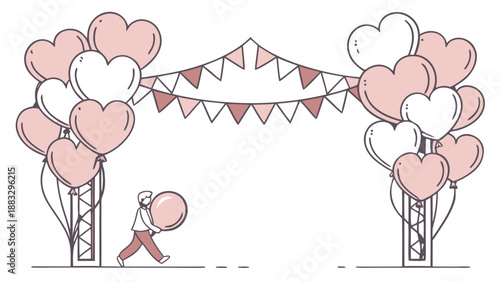 Celebration Gateway: A line art illustration depicts an archway of heart-shaped balloons, symbolizing love and festivity. A figure carries a large balloon.