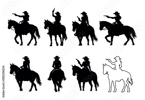 Silhouettes of cowboys on horseback with western outfits