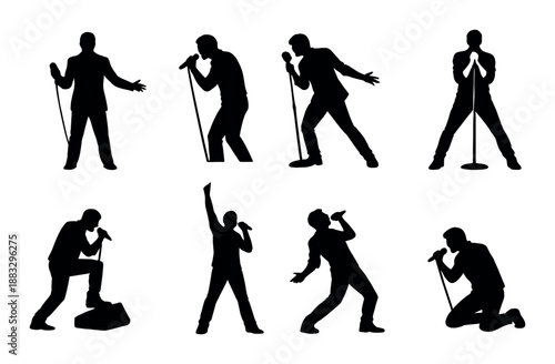 Silhouette of male performer singing with microphone in various poses