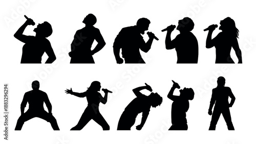 Silhouette of diverse singers energetically performing on stage with microphones