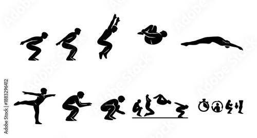 Silhouette sequence of male athlete performing gymnastic jumps and poses