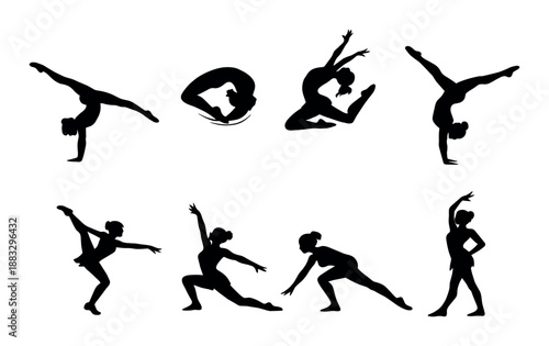 Silhouette of female gymnasts performing various acrobatics poses