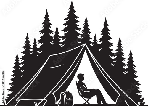 A peaceful camping scene with a person relaxing in a tent surrounded by a pine forest