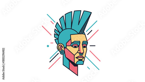 Geometric portrait of a person with a vibrant blue mohawk hairstyle and striking features.