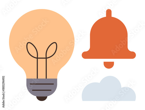 Innovation, notifications, cloud storage, technology, communication, data management. A light bulb, notification bell and cloud icon. Innovation and notifications concept