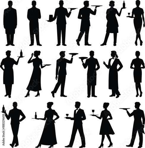 Large Collection of Professional Waiter and Waitress Silhouettes Carrying Trays Drinks and Food for Restaurant Catering Hospitality and Service Industry Design