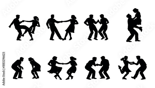 Silhouettes of diverse dance poses against white background