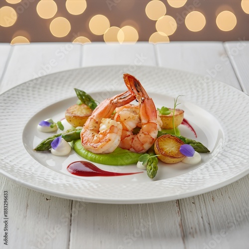 Luxury Fine Dining Jumbo Shrimp Dish Served with Lemon Butter Sauce and Herbs