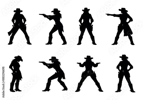 Silhouette of cowboy figures in various poses against dark background