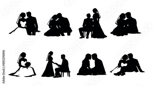 Silhouettes of couples in romantic embraces and proposals