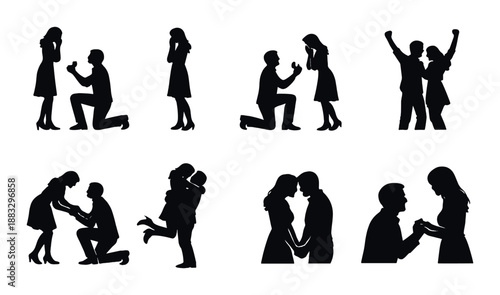 Silhouette couple engagement proposal scenes with romantic gestures