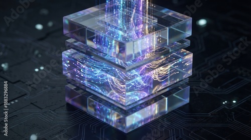 Abstract 3D rendering of Quantum Logic Core with glowing fiber optics inside glass cube. Futuristic microchip processor on dark circuit board. High-speed data transmission concept