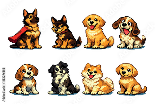 Adorable cartoon puppies with diverse expressions and fur patterns